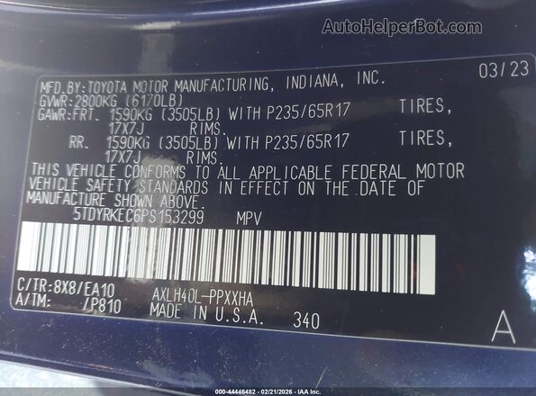 5TDYRKEC6PS153299 2023 TOYOTA LE Blue Вид підкапотного простору