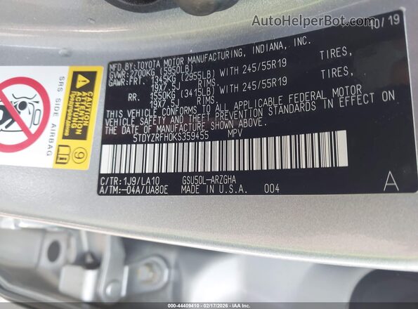 5TDYZRFH0KS359455 2019 TOYOTA LIMITED Серебряный 