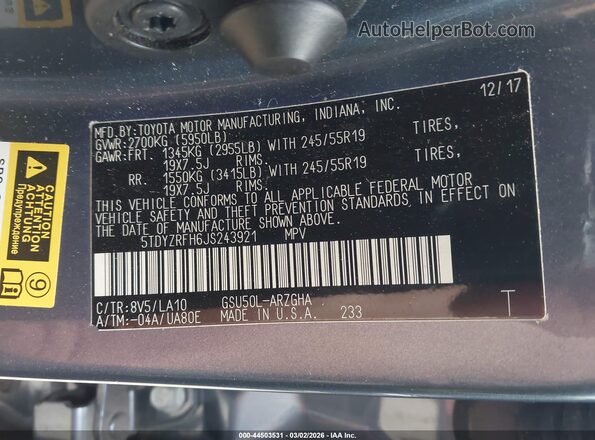 5TDYZRFH6JS243921 2018 TOYOTA LIMITED Blue Engine compartment view