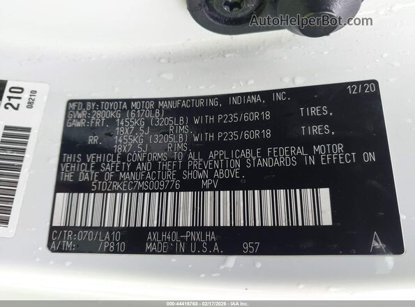 5TDZRKEC7MS009776 2021 TOYOTA LIMITED Белый 