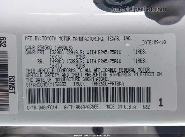 5TFAX5GN5KX132633 2019 TOYOTA TACOMA Белый 