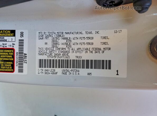 5TFAY5F19JX711621 2018 TOYOTA TUNDRA White Widok komory silnika