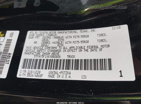 5TFAY5F1XKX802026 2019 TOYOTA TUNDRA Black Engine compartment view
