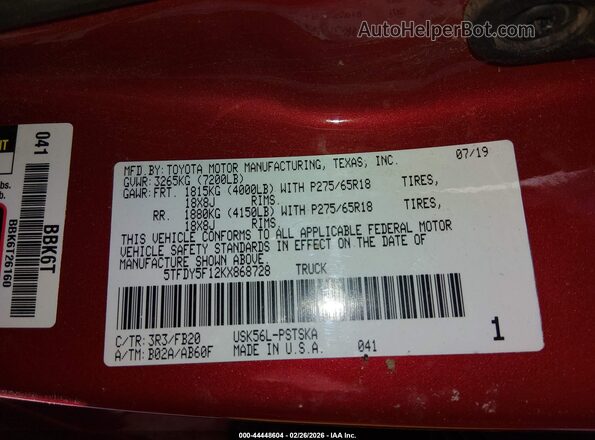 5TFDY5F12KX868728 2019 TOYOTA TUNDRA Красный Вид подкапотного пространства