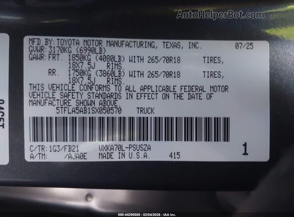 5TFLA5AB1SX050570 2025 TOYOTA TUNDRA Gray Vista del compartimento del motor
