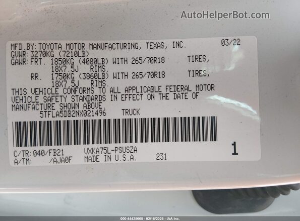 5TFLA5DB2NX021496 2022 TOYOTA TUNDRA Белый Вид подкапотного пространства