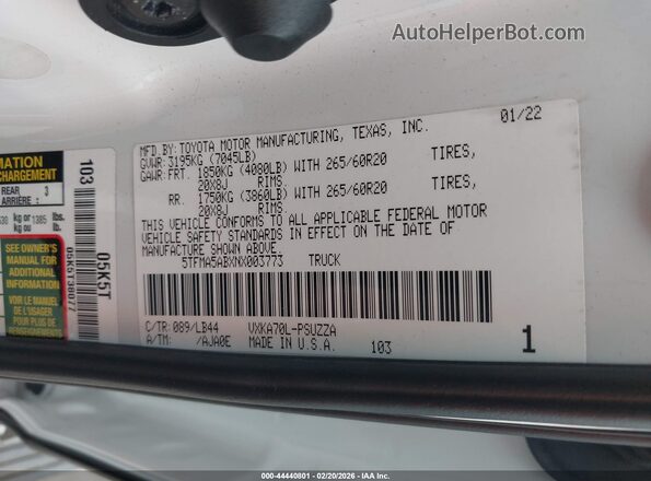 5TFMA5ABXNX003773 2022 TOYOTA TUNDRA White Շարժիչի բաժամունքի տեսք