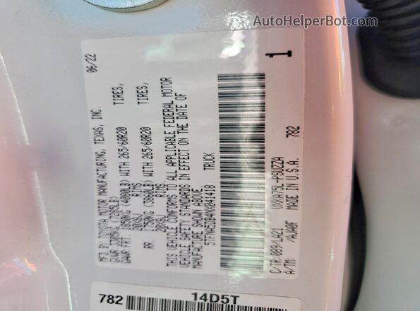 5TFNA5DB4NX041418 2022 TOYOTA TUNDRA White Widok naklejki z numerem VIN