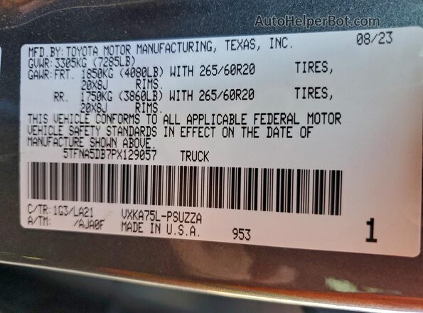 5TFNA5DB7PX129057 2023 TOYOTA TUNDRA Charcoal VIN կոդի պիտակի տեսք