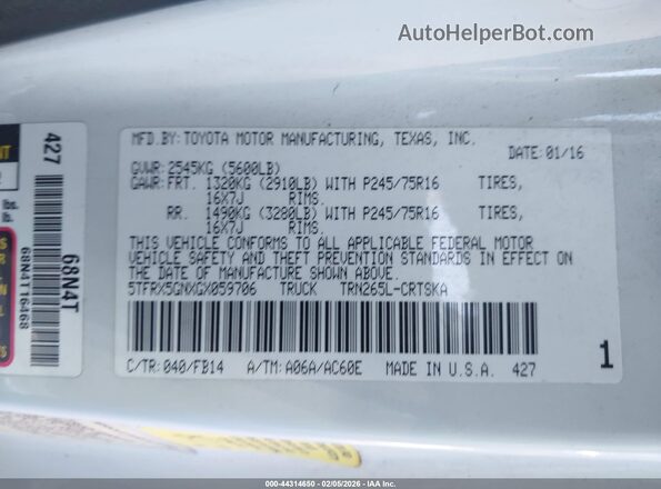 5TFRX5GNXGX059706 2016 TOYOTA TACOMA White 