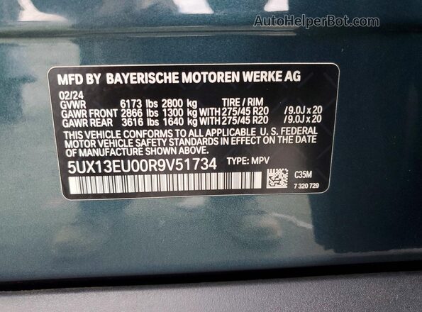 5UX13EU00R9V51734 2024 BMW X5 Бирюзовый Вид наклейки с VIN-кодом