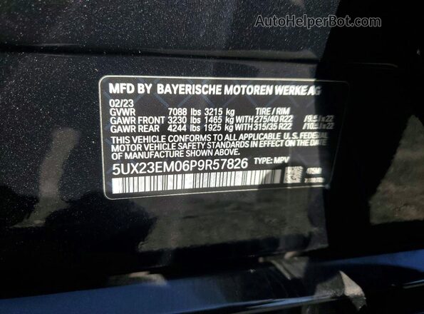 5UX23EM06P9R57826 2023 BMW X7 Black VIN კოდის სტიკერის ხედი