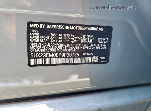 5UX23EM08P9P30735 2023 BMW X7 Silver Widok naklejki z numerem VIN