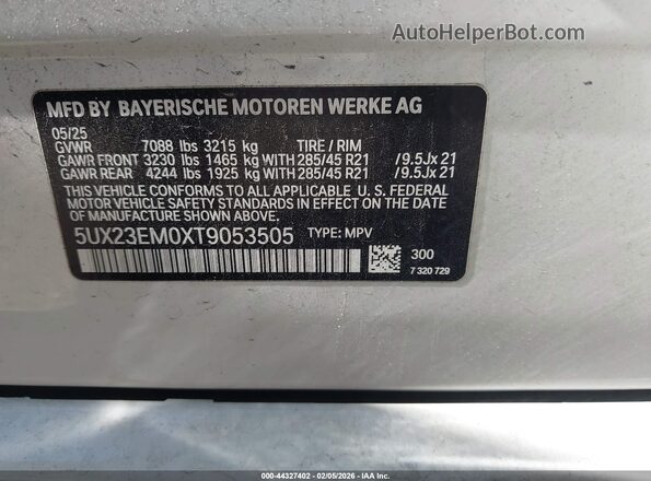 5UX23EM0XT9053505 2026 BMW X7 White Вид підкапотного простору