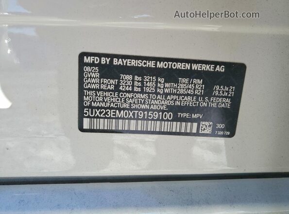 5UX23EM0XT9159100 2026 BMW X7 White Вид наклейки з VIN-кодом