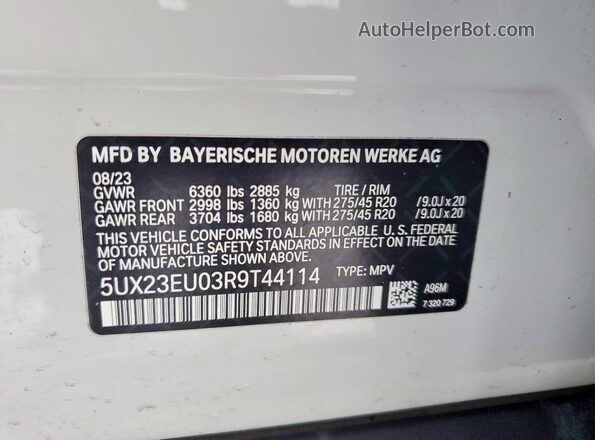 5UX23EU03R9T44114 2024 BMW X5 White Widok naklejki z numerem VIN