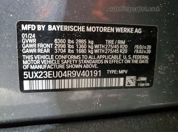5UX23EU04R9V40191 2024 BMW X5 Gray Vista interior de 360 grados