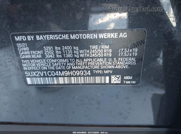 5UX2V1C04M9H09934 2021 BMW X4 Black Շարժիչի բաժամունքի տեսք