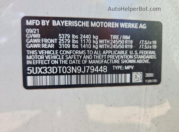 5UX33DT03N9J79448 2022 BMW X4 White Вид наклейки з VIN-кодом