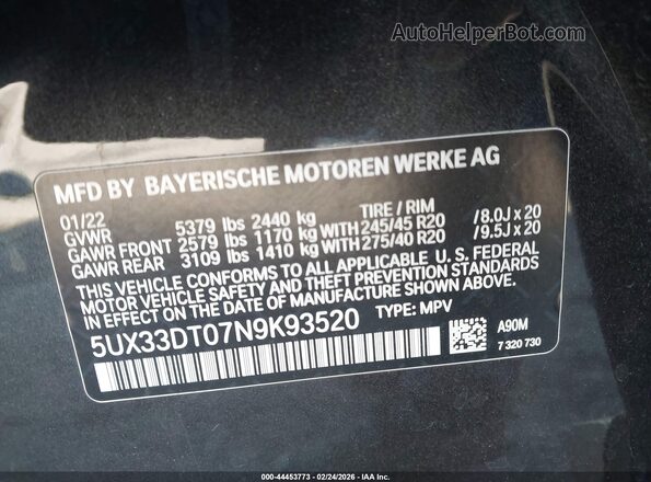 5UX33DT07N9K93520 2022 BMW X4 Black ძრავის განყოფილების ხედი