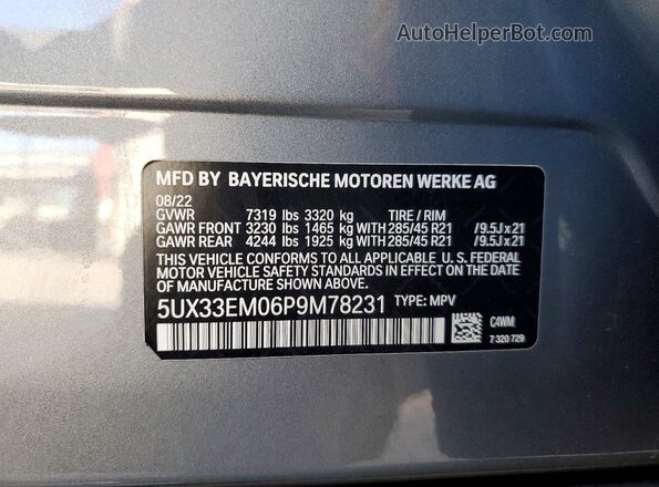 5UX33EM06P9M78231 2023 BMW X7 Silver VIN კოდის სტიკერის ხედი