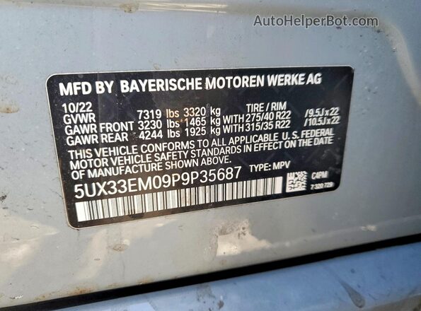 5UX33EM09P9P35687 2023 BMW X7 Gray VIN կոդի պիտակի տեսք