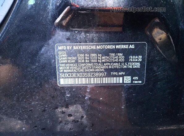 5UX33EX03S9Z38997 2025 BMW X6 Черный Вид наклейки с VIN-кодом