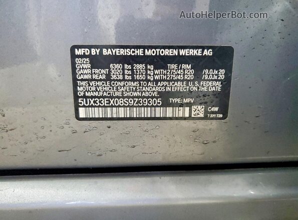 5UX33EX08S9Z39305 2025 BMW X6 Gray VIN კოდის სტიკერის ხედი
