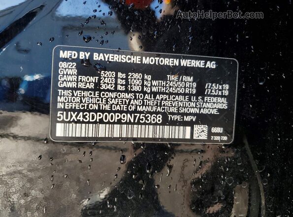 5UX43DP00P9N75368 2023 BMW X3 Black VIN კოდის სტიკერის ხედი