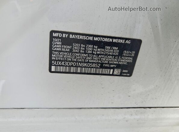 5UX43DP01N9K05852 2022 BMW X3 White Vista interior de 360 grados