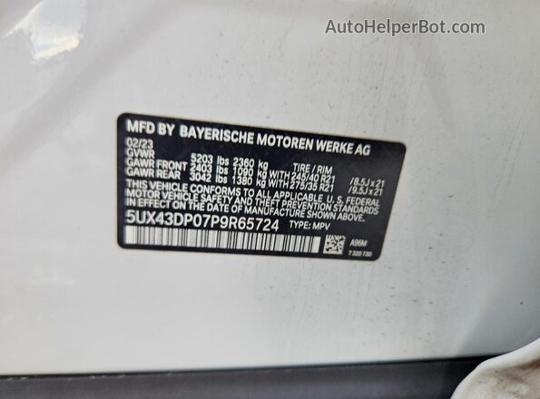 5UX43DP07P9R65724 2023 BMW X3 White VIN sticker view