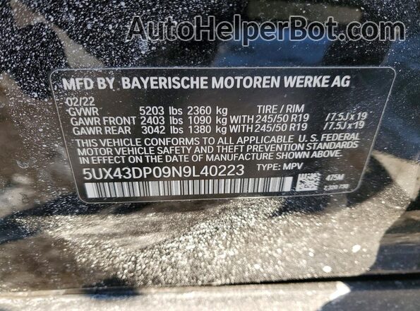 5UX43DP09N9L40223 2022 BMW X3 Black VIN կոդի պիտակի տեսք