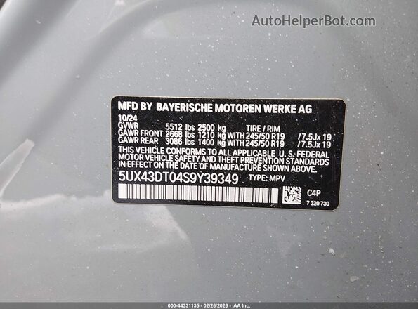5UX43DT04S9Y39349 2025 BMW X4 Light Blue 