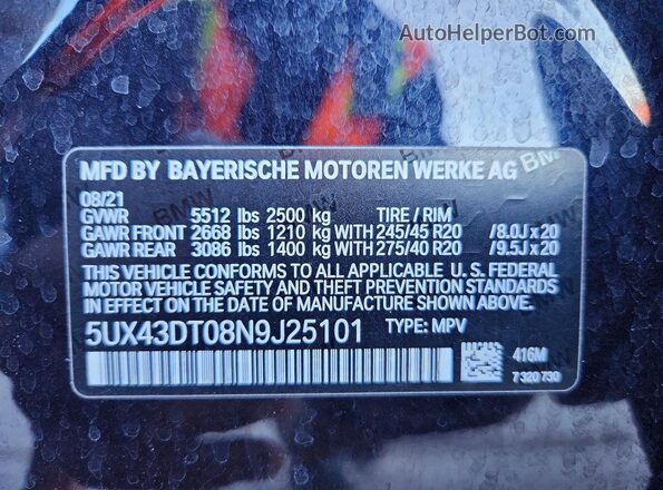 5UX43DT08N9J25101 2022 BMW X4 Blue 360 interior view
