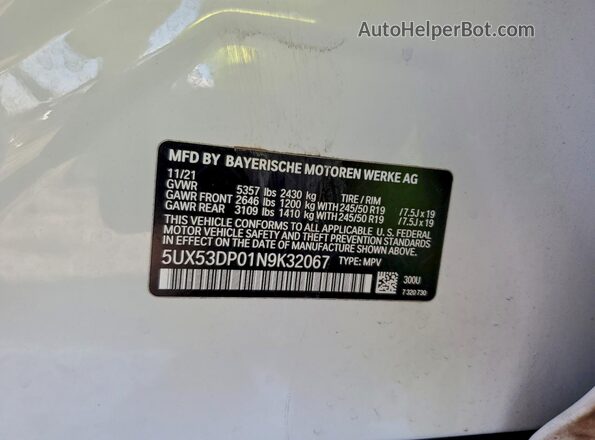 5UX53DP01N9K32067 2022 BMW X3 White VIN კოდის სტიკერის ხედი