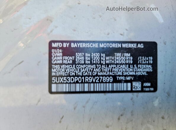 5UX53DP01R9V27899 2024 BMW X3 White Vista de la etiqueta del VIN