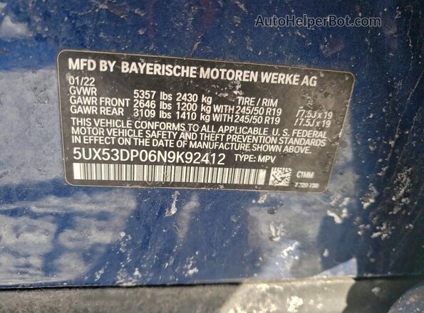 5UX53DP06N9K92412 2022 BMW X3 Blue ძრავის განყოფილების ხედი