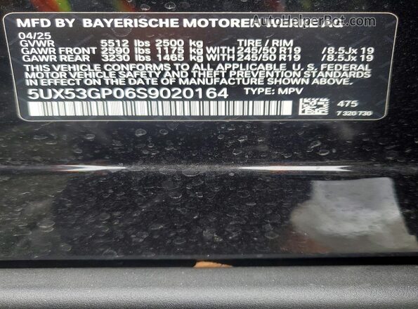 5UX53GP06S9020164 2025 BMW X3 Black VIN sticker view