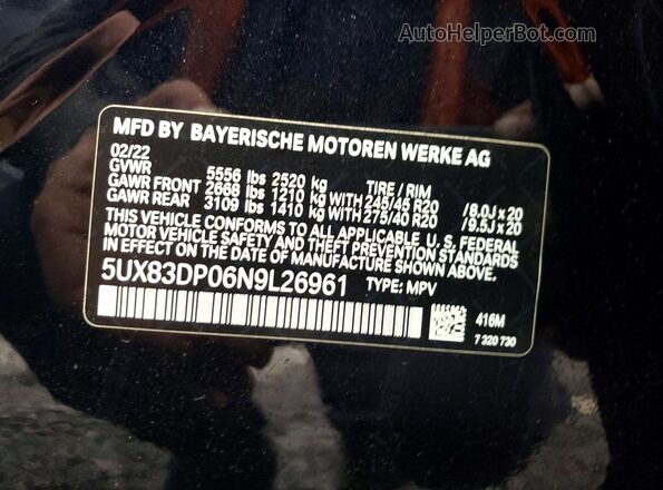 5UX83DP06N9L26961 2022 BMW X3 Черный Вид наклейки с VIN-кодом