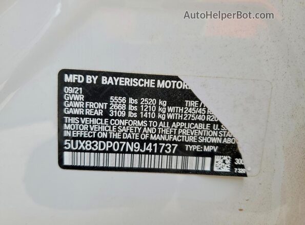 5UX83DP07N9J41737 2022 BMW X3 White Вид наклейки з VIN-кодом