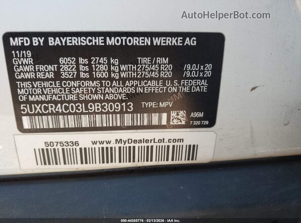 5UXCR4C03L9B30913 2020 BMW X5 White 