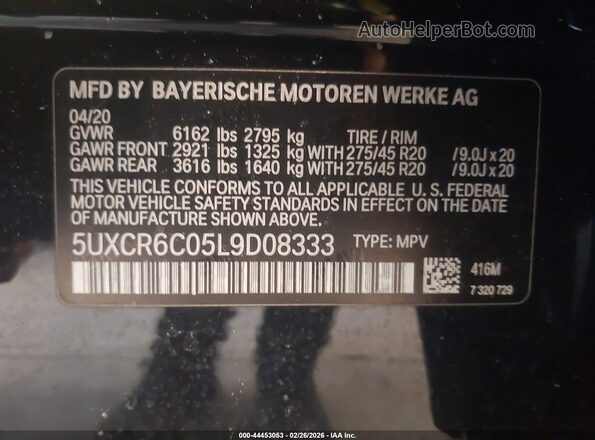 5UXCR6C05L9D08333 2020 BMW X5 Black ძრავის განყოფილების ხედი