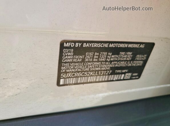 5UXCR6C52KLL13127 2019 BMW X5 White 