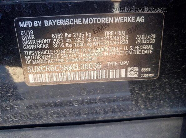 5UXCR6C58KLL06036 2019 BMW X5 Black VIN կոդի պիտակի տեսք