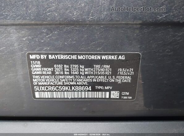 5UXCR6C59KLK88694 2019 BMW X5 Gray Вид підкапотного простору