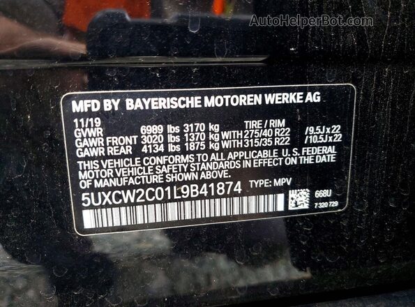 5UXCW2C01L9B41874 2020 BMW X7 Black VIN კოდის სტიკერის ხედი