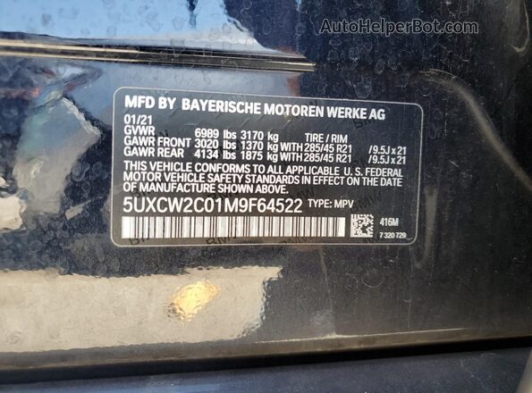5UXCW2C01M9F64522 2021 BMW X7 Black VIN კოდის სტიკერის ხედი