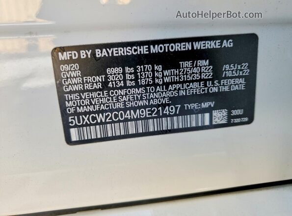 5UXCW2C04M9E21497 2021 BMW X7 White Вид наклейки з VIN-кодом