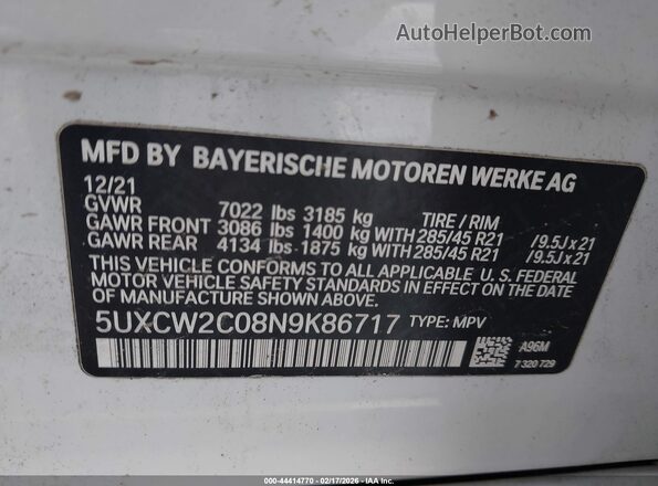 5UXCW2C08N9K86717 2022 BMW X7 White Շարժիչի բաժամունքի տեսք