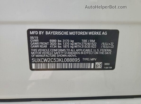5UXCW2C53KL088895 2019 BMW X7 White Вид наклейки з VIN-кодом